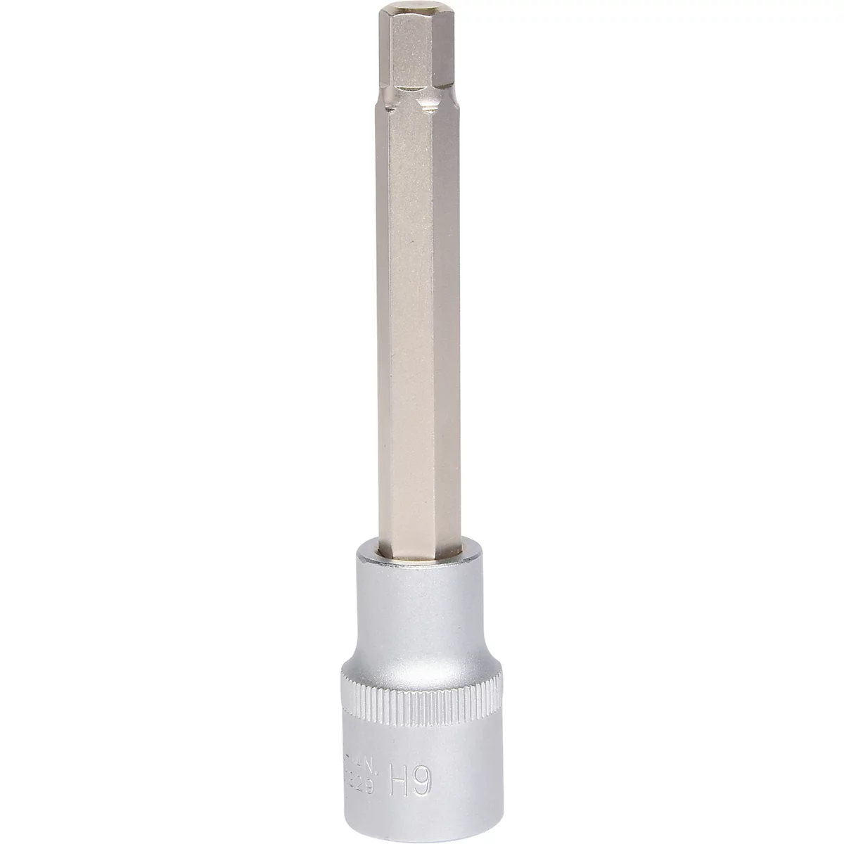 Ein silberfarbener Sechskantschlüssel. Die Form ist länglich mit sechseckigem Kopf.